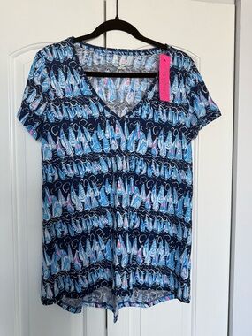 Lilly Pulitzer Navy Blue Sailboat Print V-Neck Etta top NWT size M